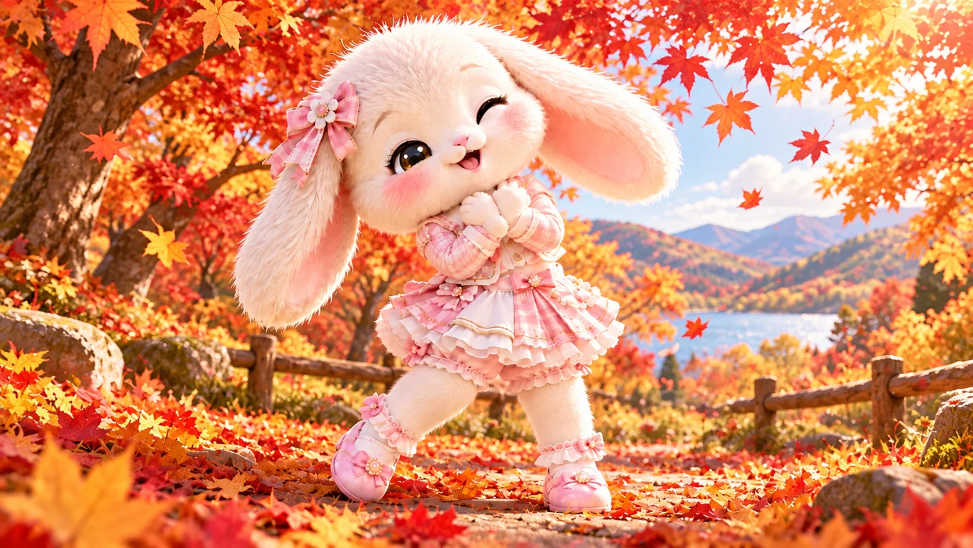 粉色服裝小兔在楓樹下的AI創意影像